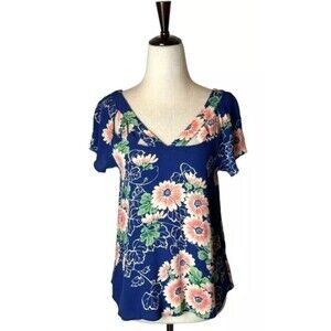 Maeve Anthropologie Womens Blue Floral Cut-Out Flowy Blouse Size 10